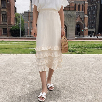 

Elastic Waist Chiffon Cascading Midi Skirts Women Elegant Ruffles Sweet High Waist Party Vintage Skirt Faldas Mujer Saias