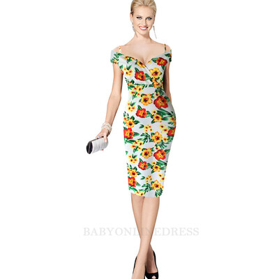 

New Summer Women V-neck Short Sleeve with Straps Floral Print Flowers Vintage Sheath Bodycon Pencil Dress Knee-Length
