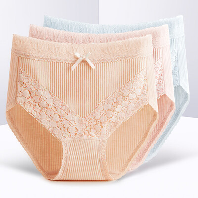

Dream time 4 strips womens briefs high waist cotton fabric lace ladies underwear 4284 shallow shrimp skin color light pink light blue