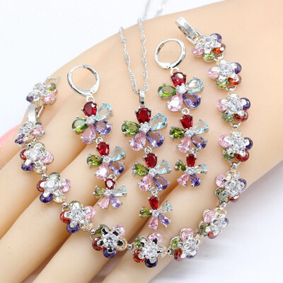 

Multicolor Topaz Silver Color Jewelry Sets For Women Flower Shape Long Earrings Necklace Pendant Bracelet