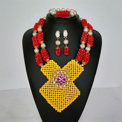 

Fashion Orange Bib Style African Bridal Statement Necklace Nigerian Wedding Crystal Beads Jewelry Set Hand Made Jewelry For Women