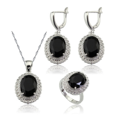 

EIOLZJ Fashion Beautiful Oval Black Cubic zirconia Silver Plated Jewelry Sets for Women Free Jewelry Box