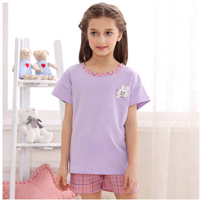 

Red beans home pajamas girls soft cotton lattice cartoon short sleeve family paternity couple home suit suit purple 13060