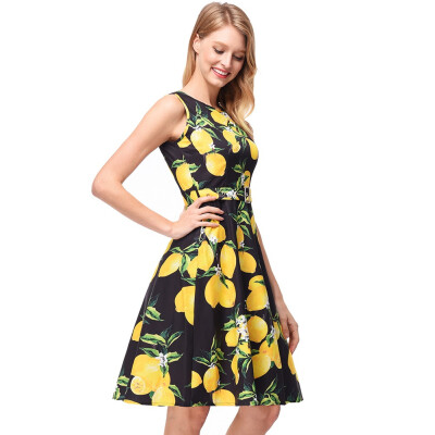 

A-line Tank Sleeveless Lemon Print Floral Retro Spring Summer ladies Dresses Robe Sexy O-neck Vintage Vestidos Dress