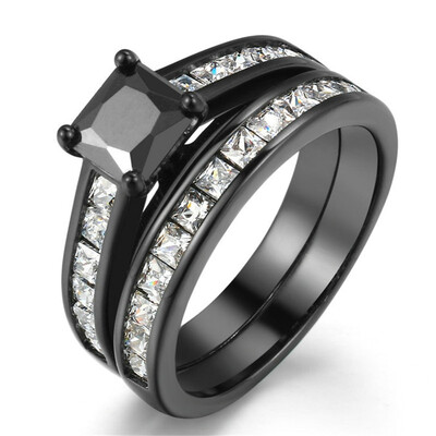 

Luxury Black Rings 2 pieces Ring Sets Princess Cut Cubic Zirconia Ring Fashion Jewelry for Women Luxury Black Rings 2 pieces Ring