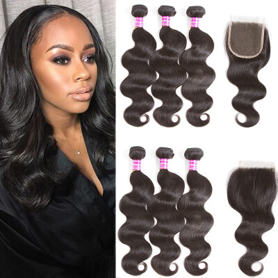 

Glary Indian Virgin Hair Body Wave 3 Bundles with Closure Grade 8A Unprocessed Human Hair Weave