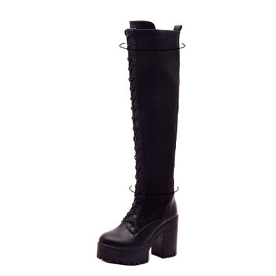 

Women Black Shoes Lace Up Over Knee Thigh Platform High Heels Riding Military Boot