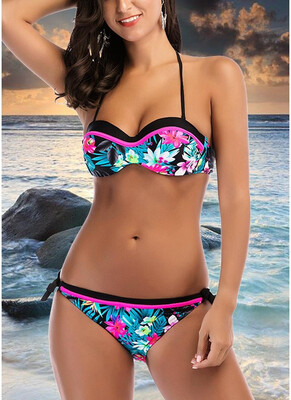 

2018 Floral Halter Backless Push Up Padded Bandage Bikini Set