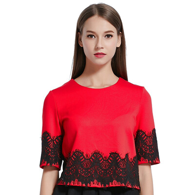 

POPBASIC Women's Autumn Fashion Elegant Round Neck 3/4 Sleeve Short Tops With Lace
