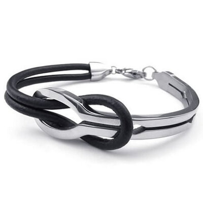 

Hpolw Mens Womens Leather Stainless Steel Bracelet Cuff Bangle Black Silver