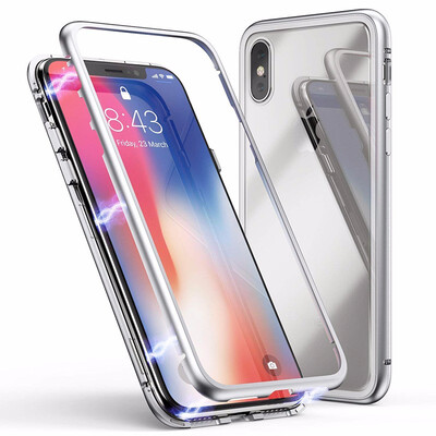 

iPhone X Case Magnetic Adsorption Case Ultra Slim Metal Frame Tempered Glass with Built-in Magnet Flip Cover