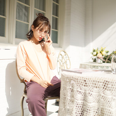 

Haizhining 17W49 Pajamas ladies sexy colorful nine-point sleeves long-sleeved trousers cotton home service suit home clothes two-piece light orange 165 L
