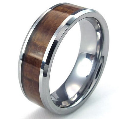 

Hpolw Mens Tungsten steel Ring Wood Grain amber coloured/Brown/Silver wedding/engagement ring,Width:8mm