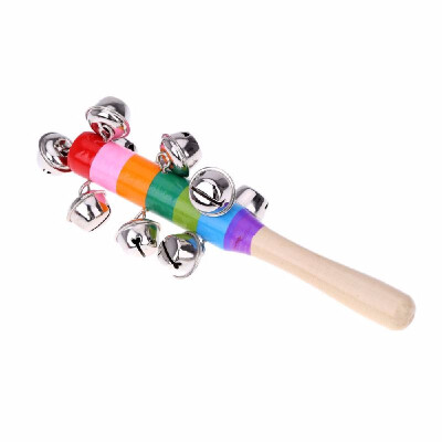 

Little Hand Held Bell Stick Wooden with 10 Metal Jingles Ball Colorful Rainbow Percussion Musical Toy for KTV Party Kids Game