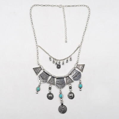 

Bohemian vintage silver triangle geometric bib choker necklace turquoise coin tassel long necklaces female jewelry