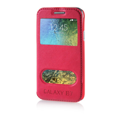 

MOONCASE View Window High grade Leather Side Flip Pouch Stand Shell Back ЧЕХОЛ ДЛЯ Samsung Galaxy E7 Hot pink