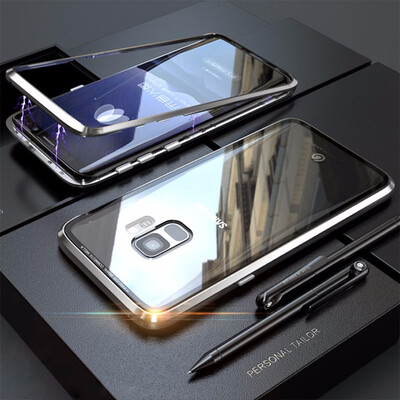 

New Magnetic Adsorption Metal Case Samsung Galaxy S9Plus Transparent Tempered Glass Cover Magnets Bumper for Samsung Galaxy S9