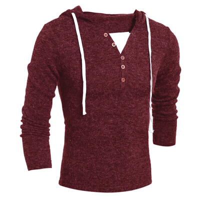 

New Men's Fashion Winter Warm Boutique Drawstring Hooded Sweater Good Material Solid Color V-neck Pullovers