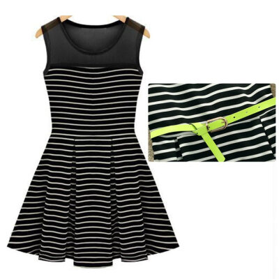 

Women's Chiffon Patchwork Cotton Dress With Belt Striped Sleeveless Dress