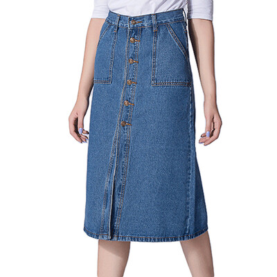 

Tissbely Button Knee Length Skirt Jeans Women A Line Empire Mid Calf Denim Skirt Prairie Chic Style Vintage Higt Waist Jeans