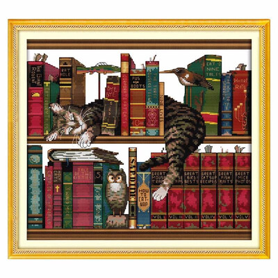 

41 38cm DIY Handmade Needlework Counted Cross Stitch Set Embroidery Kit 14CT Cat on Bookshelf Pattern Cross Stitching Cross Stit