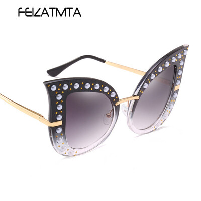 

FEIZATMTA Cat Eye Солнцезащитные очки Женские Роскошные Большие Рамки Солнцезащитные Очки Мода Жемчужные Заклепки Декоративные Очки Женские Окулусы UV400