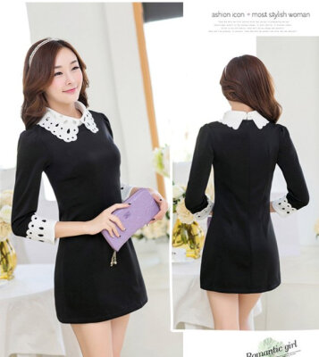 

Women's Winter Autumn Dress Hollow Casual Dresses Long Sleeve Doll Collar Chiffon mini dress