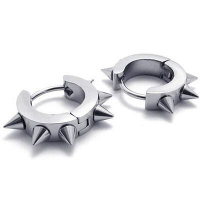 

Hpolw Stainless Steel Punk Cool Hip Hop Mens Awl Taper Huggie Hinged Hoop Earrings 2pcs