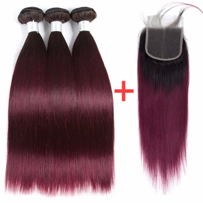 

HCDIVA Ombre Color 3 Bundles With Lace Closure 1B99 Dark Roots Brazilian Straight Hair Ombre Bundles With Closure Virgin