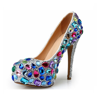

Fancy Colored Sapphire Round head slender shoe Evening show Super high heeled women shoes