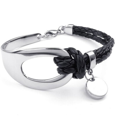 

Hpolw Womens Leather Stainless Steel Bracelet Braided Bangle Black Silver