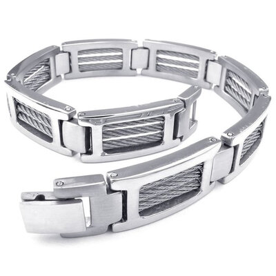 

Hpolw Men Fashionable Mens silver Stainless Steel Ring Unique Cables&Screw Design Biker Links Bolt buttoned Bangle