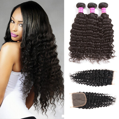 

8A Brazilian Virgin Human Hair Deep Wave 4 Bundlees With Closure 44 Unprocessed Virgin Hair Extensions Bundles with Lace Closure