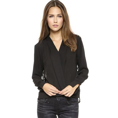 

Women's cross V-neck long-sleeved shirt back lace hook flower chiffon shirt