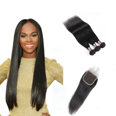 

Ishow Straight Human Hair 3 Bundles With Closure 7A Peruvian Hair Weave Bundles Free Part Lace Closure With Baby Hair