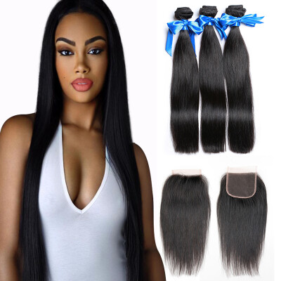 

WYF Перуанские волосы Virgin Hair Straight Hair 3 с закрытием 100% необработанных человеческих волос