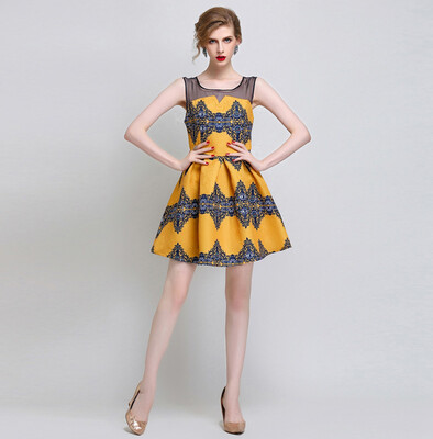 

Fashion Women Sleeveless Shirt Jacquard Design One Piece Mini Dress