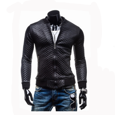

Zogaa Men's Leather Clothing Short Slim Grid Thick Casual Stand Callar Washing