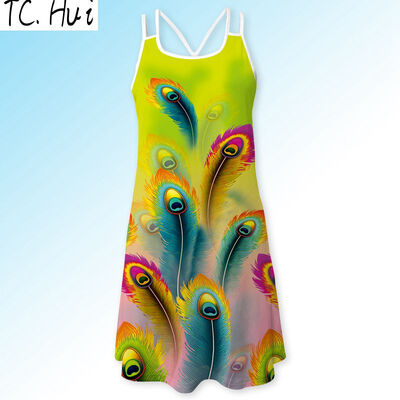 

Summer Dress Women Feather Print Vintage 3D Dress Sleeveless Boho Style Short Beach Dress 6 colors