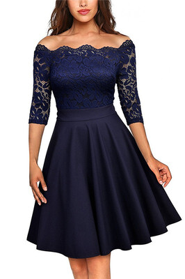 

New Womens Vintage Floral Lace Boat Neck Cocktail Formal Swing Dress 2018