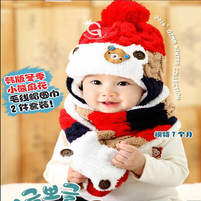 

Buebos Ninos Wool Knitted Hemp Flowers Set Korean Baby Kids Cute Little Bear Three-Colored Earmuffs 2 Pcs Set ( Hat + Scarf