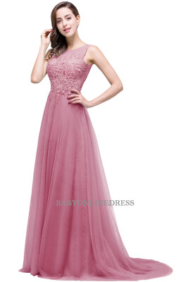 

Scoop Neck Lace Long Evening Dresses Tulle Applique Robe De Soiree Floor Length Formal Gowns Prom Party Dresses