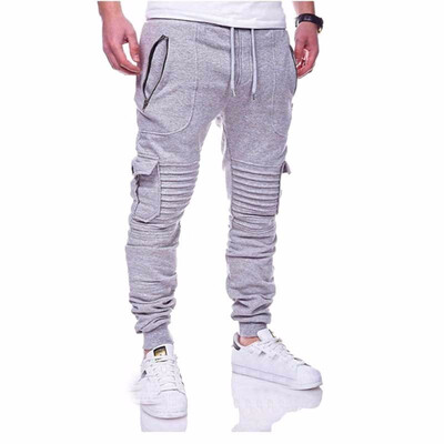 

2018 New Mens Fashion Casual Pure Color Sports Pants Pleated Design Jogger Pants