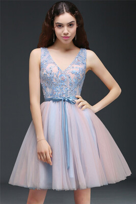 

Princess V-Neck Knee-Length Sky Blue Homecoming Dress With A Self-Tie Belt