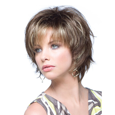 

QianBaiHui Brown Short Layer Nature Curly with Bangs Synthetic Wig Heat Resistant Weave Full Wigs for Women