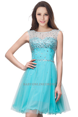 

A-line Sleeveless Crew Short Tulle Prom Dresses 2018 with Crystal Beads