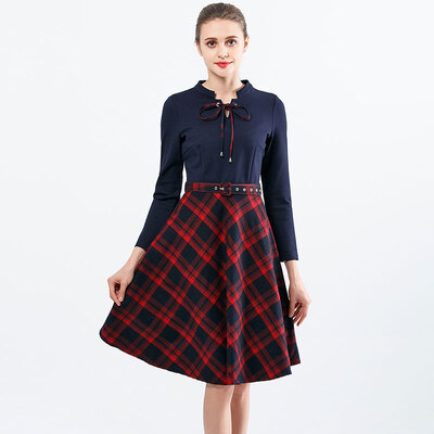 

BURDULLY European Style Women Office Knitted Dress Long Sleeve Elegant Ladies 2018 Spring Patchwork Plaid Dress White And Black