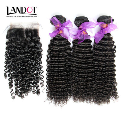

9A Lace Closure With 3 Bundles Peruvian Curly Virgin Human Hair Weaves 4 PcsLot Kinky Curly Remy Hair And Closures Natural Black