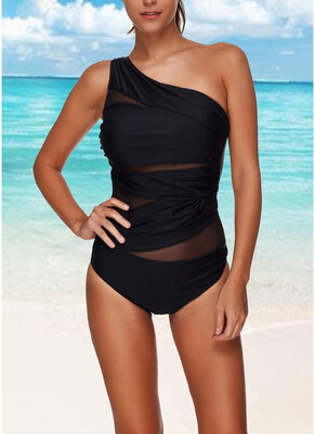 

2018 Sexy One Piece Swimsuit Women Summer Beachwear Mesh One Shoulder Swimwear Bodycon Bodysuit Bathing Suit