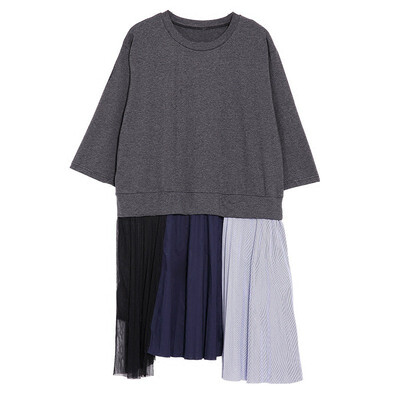 

2018 Long Three Quarter Sleeves T-shirt Patchwork Mesh Fake Two Piece Dress Women Spring Large Size